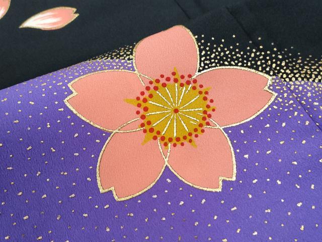 平和屋着物●振袖　背抜き仕立て　舞桜文　黒地　金彩　洗える着物　CABK7645yc