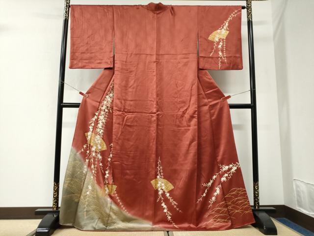 平和屋着物●訪問着　立波地紙枝橘文　暈し染め　金彩　鈴乃屋扱い　ロング丈　正絹　逸品　CABK7648yc