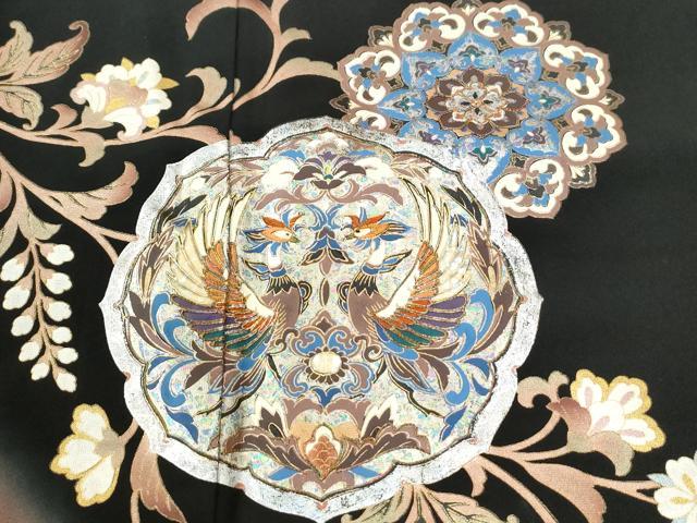 平和屋着物●豪華黒留袖　螺鈿　鳳凰更紗花葡萄花唐草文　暈し染め　金銀彩　正絹　逸品　CABK7653yc