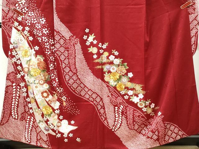 平和屋着物●豪華振袖　駒刺繍　絞り　鬘帯草花文　金彩　京都きもの友禅扱い　正絹　逸品　CABK7667yc