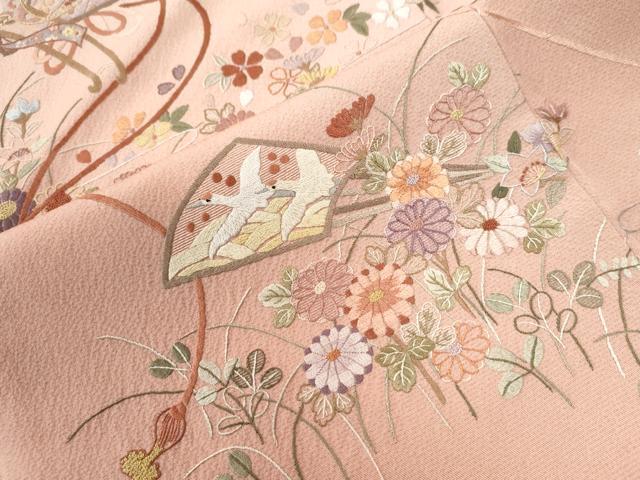 平和屋着物●訪問着　総刺繍　扇面飛鶴御所車花文　正絹　逸品　未使用　CABK7668yc