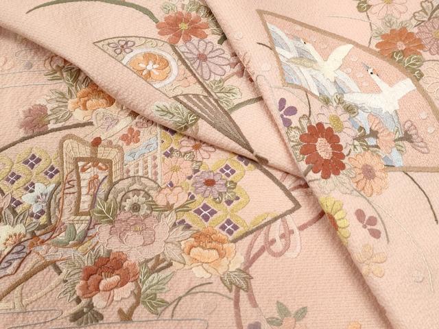 平和屋着物●訪問着　総刺繍　扇面飛鶴御所車花文　正絹　逸品　未使用　CABK7668yc