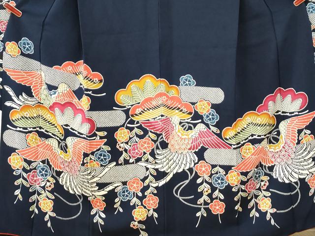 平和屋着物●豪華振袖　紅型　花松鳥文　紺地　鬼しぼ縮緬　正絹　逸品　CABK7672yc