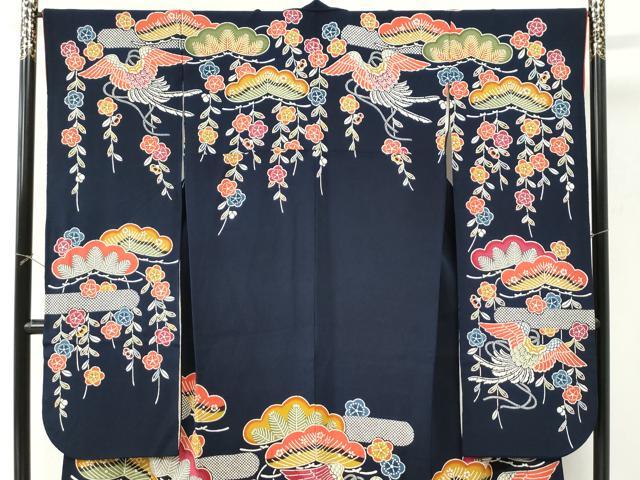 平和屋着物●豪華振袖　紅型　花松鳥文　紺地　鬼しぼ縮緬　正絹　逸品　CABK7672yc