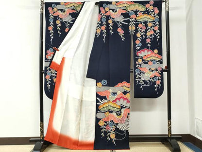 平和屋着物●豪華振袖　紅型　花松鳥文　紺地　鬼しぼ縮緬　正絹　逸品　CABK7672yc