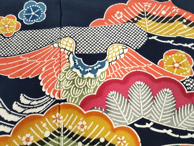 平和屋着物●豪華振袖　紅型　花松鳥文　紺地　鬼しぼ縮緬　正絹　逸品　CABK7672yc
