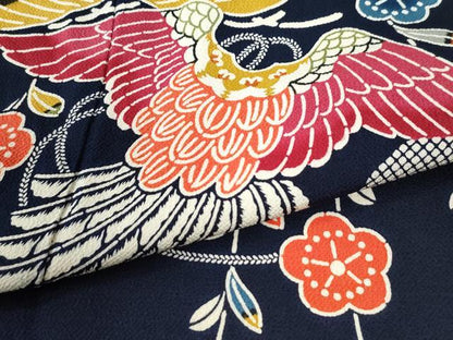 平和屋着物●豪華振袖　紅型　花松鳥文　紺地　鬼しぼ縮緬　正絹　逸品　CABK7672yc