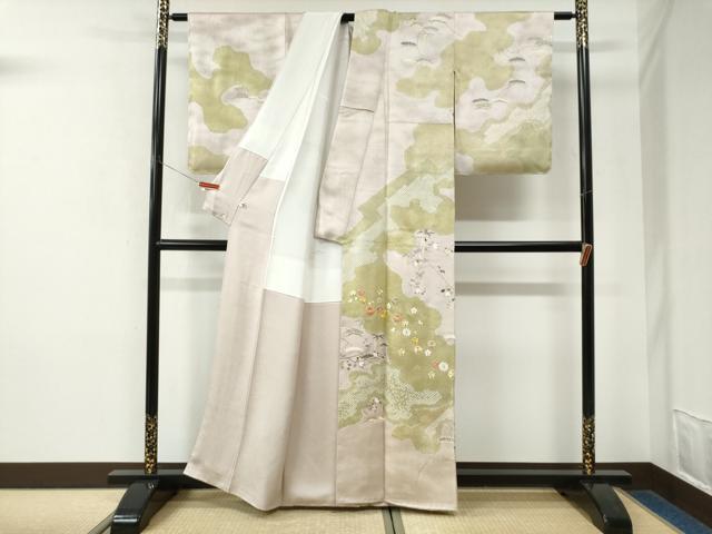 平和屋着物●十日町 名門青柳高級ブランド　大喜百花　訪問着　駒刺繍　絞り　道長枝橘花松文　金彩　正絹　逸品　未使用　CABK7681yc