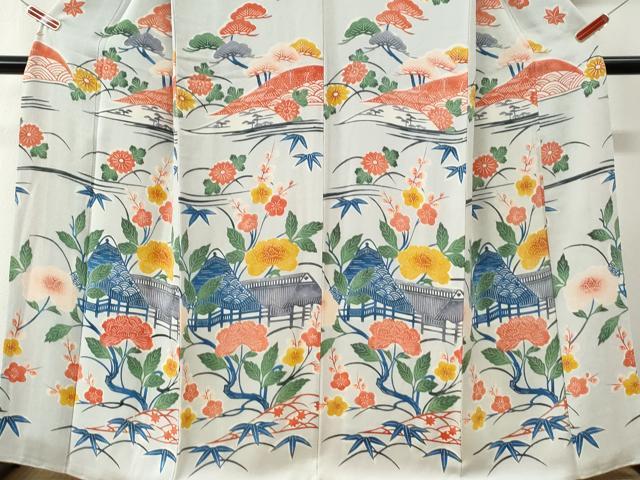 平和屋着物●訪問着　風景花文　鬼しぼ縮緬　正絹　逸品　CABK7684yc