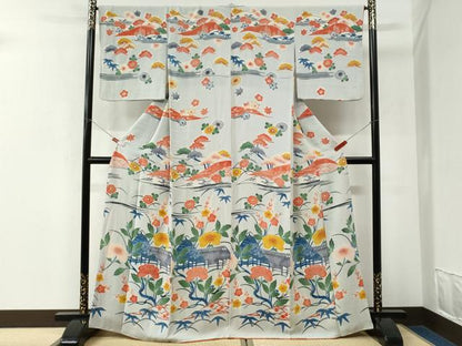 平和屋着物●訪問着　風景花文　鬼しぼ縮緬　正絹　逸品　CABK7684yc