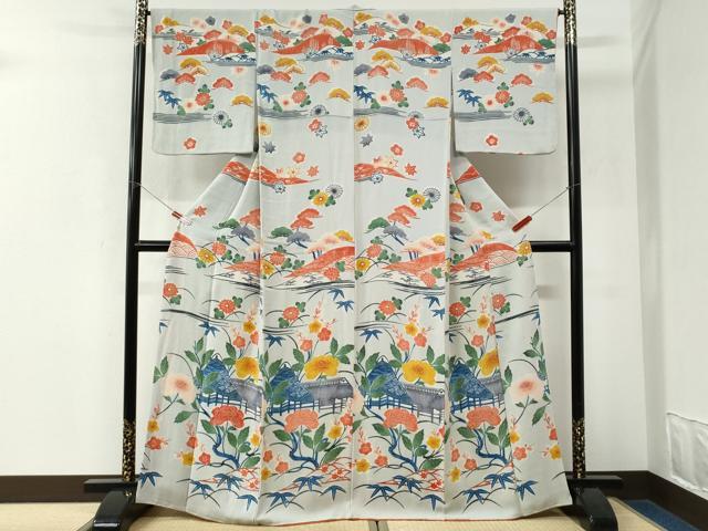 平和屋着物●訪問着　風景花文　鬼しぼ縮緬　正絹　逸品　CABK7684yc