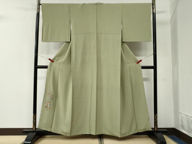 平和屋着物●訪問着　総刺繍　雪輪枝花文　抹茶色　正絹　逸品　CABK7686yc