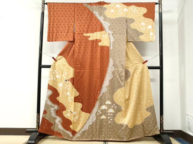 平和屋着物●訪問着　絞り　獅子　道長草花丸文　金彩　正絹　逸品　CABK7688yc