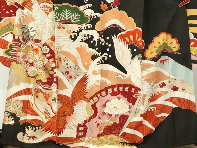 平和屋本店●アンティーク　大正ロマン　振袖　駒刺繍　立波飛鶴檜扇松竹梅花文　黒地　金彩　正絹　逸品　CABK7697yc