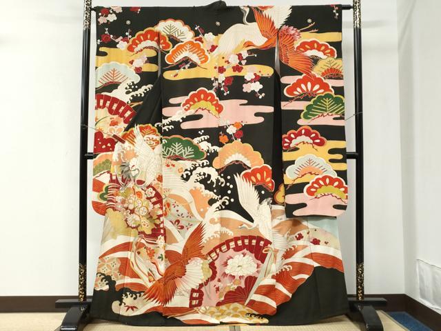 平和屋本店●アンティーク　大正ロマン　振袖　駒刺繍　立波飛鶴檜扇松竹梅花文　黒地　金彩　正絹　逸品　CABK7697yc
