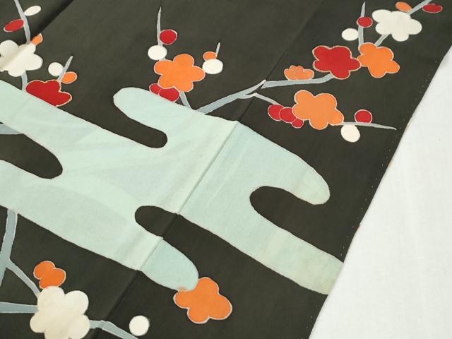 平和屋本店●アンティーク　大正ロマン　振袖　駒刺繍　立波飛鶴檜扇松竹梅花文　黒地　金彩　正絹　逸品　CABK7697yc