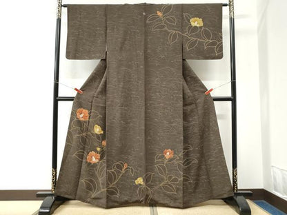平和屋着物●訪問着　駒刺繍　椿　金彩　正絹　逸品　CABK7701yc