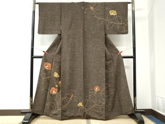平和屋着物●訪問着　駒刺繍　椿　金彩　正絹　逸品　CABK7701yc
