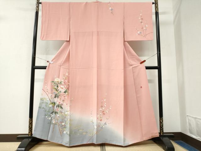 平和屋着物●訪問着　友禅　作家物　松葉枝花文　暈し染め　正絹　逸品　CABK7722yc