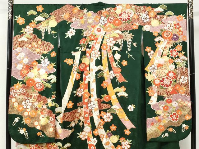 平和屋着物●豪華振袖　駒刺繍　鬘帯牡丹鈴花松文　金彩　正絹　逸品　CABK7724yc
