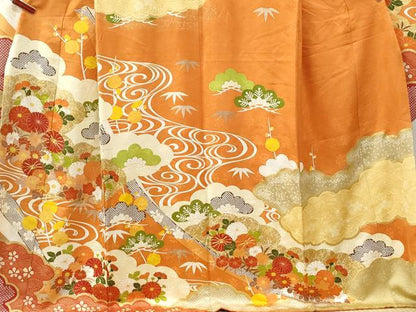 平和屋着物●豪華振袖　駒刺繍　流水松竹梅花文　金彩　正絹　逸品　CABK7729yc