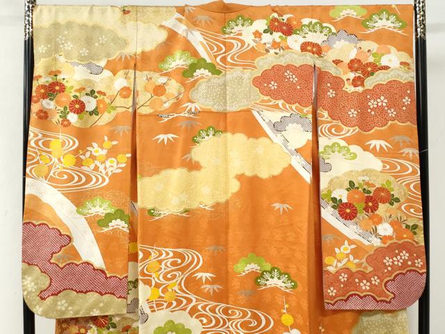 平和屋着物●豪華振袖　駒刺繍　流水松竹梅花文　金彩　正絹　逸品　CABK7729yc