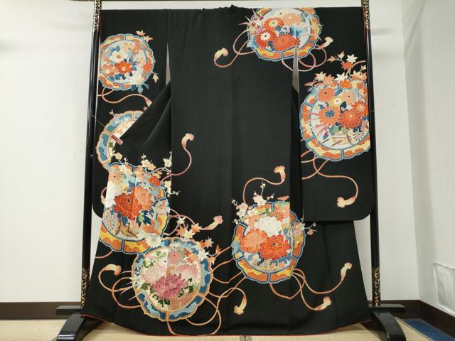 平和屋着物●豪華振袖　友禅　鏡裏牡丹花車文　黒地　鬼しぼ縮緬　正絹　逸品　CABK7742yc