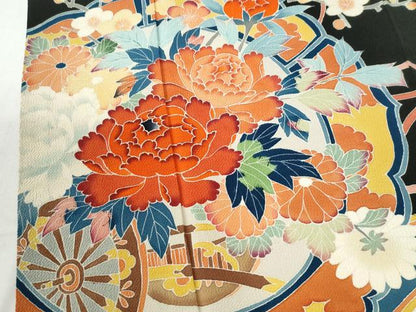 平和屋着物●豪華振袖　友禅　鏡裏牡丹花車文　黒地　鬼しぼ縮緬　正絹　逸品　CABK7742yc