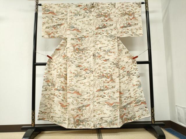平和屋着物●上質な小紋　流水風景文　鬼しぼ縮緬　正絹　逸品　CABK7744yc