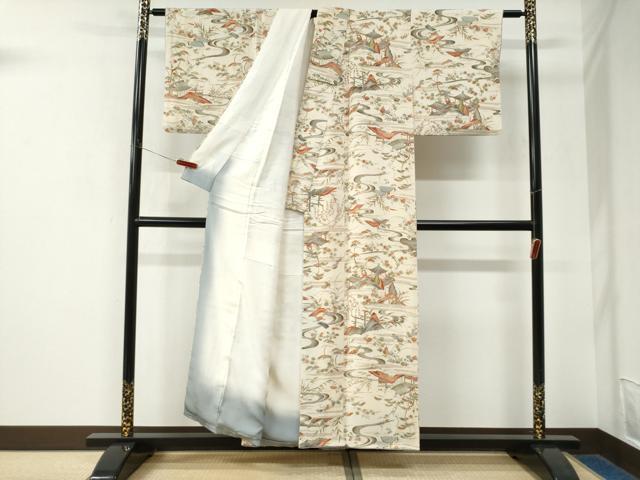 平和屋着物●上質な小紋　流水風景文　鬼しぼ縮緬　正絹　逸品　CABK7744yc