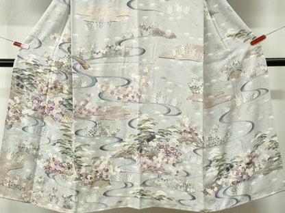 平和屋着物▼訪問着　駒刺繍　流水風景花文　金彩　正絹　逸品　CABK7747yc