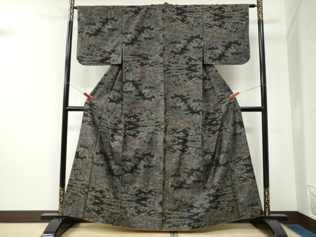 平和屋着物●本場大島紬　割り込み絣　樹林風景文　正絹　逸品　CABK7748yc