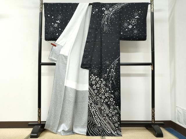 平和屋着物●訪問着　総絞り　舞花文　黒地　金彩　正絹　逸品　CABK7750yc