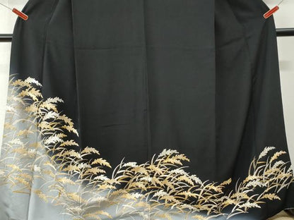平和屋着物●中国三大刺繍　相良刺繍　総刺繍　訪問着　稲穂　黒地　金糸　ロング丈　正絹　逸品　CABK7753yc