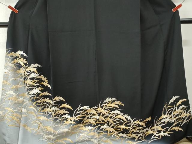 平和屋着物●中国三大刺繍　相良刺繍　総刺繍　訪問着　稲穂　黒地　金糸　ロング丈　正絹　逸品　CABK7753yc
