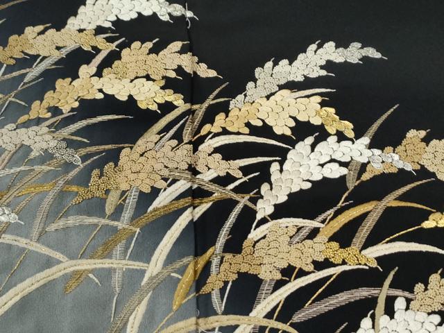 平和屋着物●中国三大刺繍　相良刺繍　総刺繍　訪問着　稲穂　黒地　金糸　ロング丈　正絹　逸品　CABK7753yc