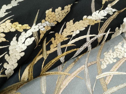 平和屋着物●中国三大刺繍　相良刺繍　総刺繍　訪問着　稲穂　黒地　金糸　ロング丈　正絹　逸品　CABK7753yc