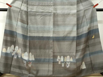 平和屋着物●訪問着　紬地　紙芸茂　ミミズク　正絹　逸品　CABK7754yc