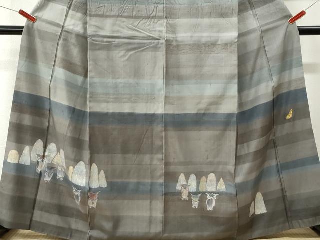 平和屋着物●訪問着　紬地　紙芸茂　ミミズク　正絹　逸品　CABK7754yc