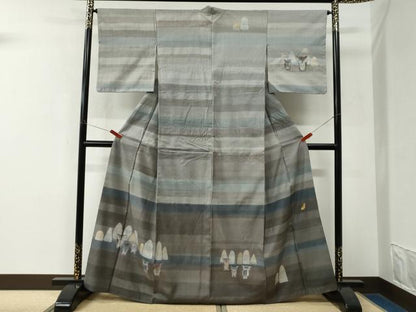 平和屋着物●訪問着　紬地　紙芸茂　ミミズク　正絹　逸品　CABK7754yc