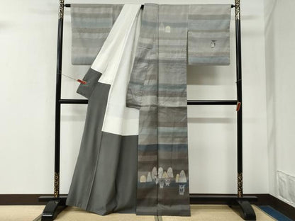 平和屋着物●訪問着　紬地　紙芸茂　ミミズク　正絹　逸品　CABK7754yc