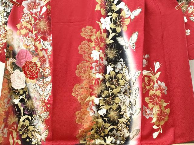 平和屋着物●豪華振袖　百合牡丹花蝶文　ラメ糸　暈し染め　金銀彩　正絹　逸品　CABK7761yc