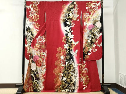 平和屋着物●豪華振袖　百合牡丹花蝶文　ラメ糸　暈し染め　金銀彩　正絹　逸品　CABK7761yc