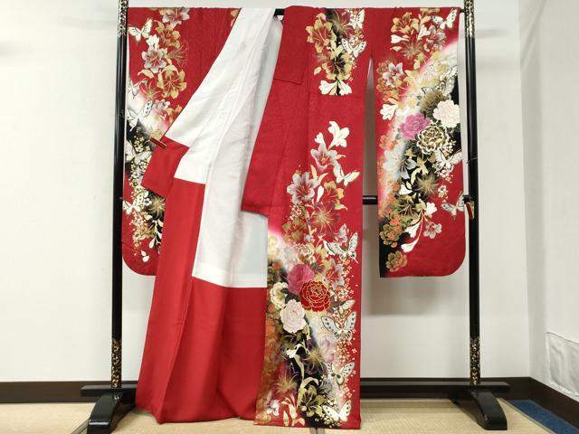 平和屋着物●豪華振袖　百合牡丹花蝶文　ラメ糸　暈し染め　金銀彩　正絹　逸品　CABK7761yc