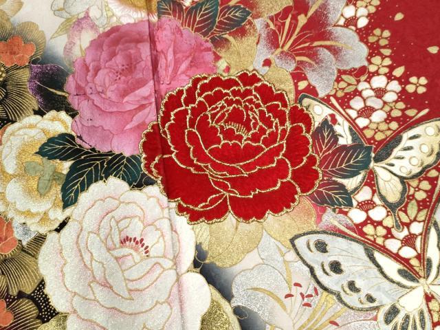 平和屋着物●豪華振袖　百合牡丹花蝶文　ラメ糸　暈し染め　金銀彩　正絹　逸品　CABK7761yc