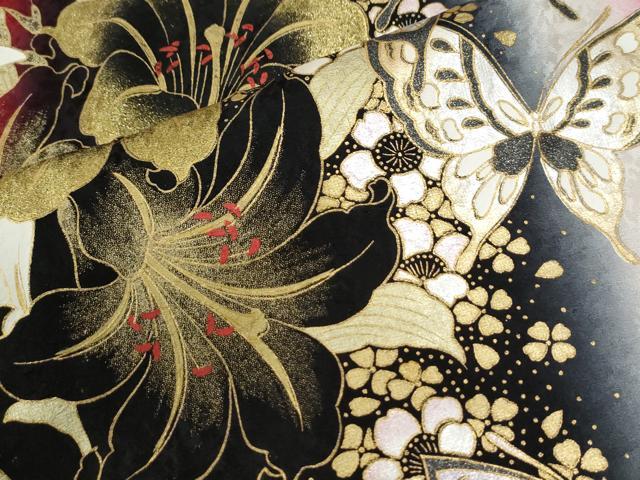 平和屋着物●豪華振袖　百合牡丹花蝶文　ラメ糸　暈し染め　金銀彩　正絹　逸品　CABK7761yc