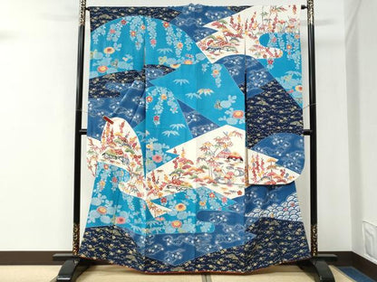 平和屋着物●和染紅型　栗山紅型　栗山吉三郎　振袖　遠山松竹梅風景文　正絹　逸品　CABK7768yc