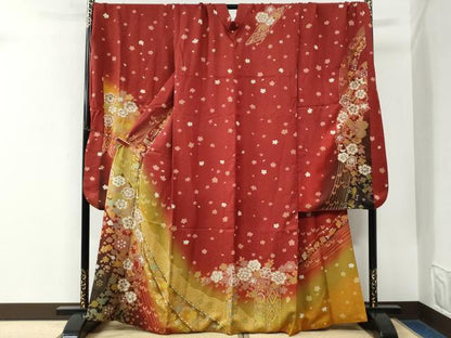 平和屋着物●豪華振袖　花蝶文　ラインストーン　暈し染め　金通し地　正絹　逸品　CABK7769yc