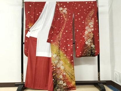 平和屋着物●豪華振袖　花蝶文　ラインストーン　暈し染め　金通し地　正絹　逸品　CABK7769yc