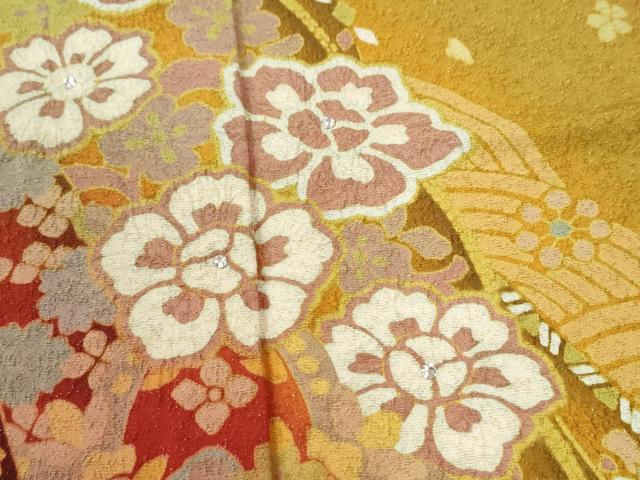 平和屋着物●豪華振袖　花蝶文　ラインストーン　暈し染め　金通し地　正絹　逸品　CABK7769yc